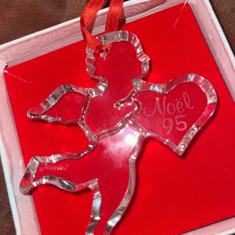 Baccarat Crystal Cupid Ornament with Red Ribbon 1995